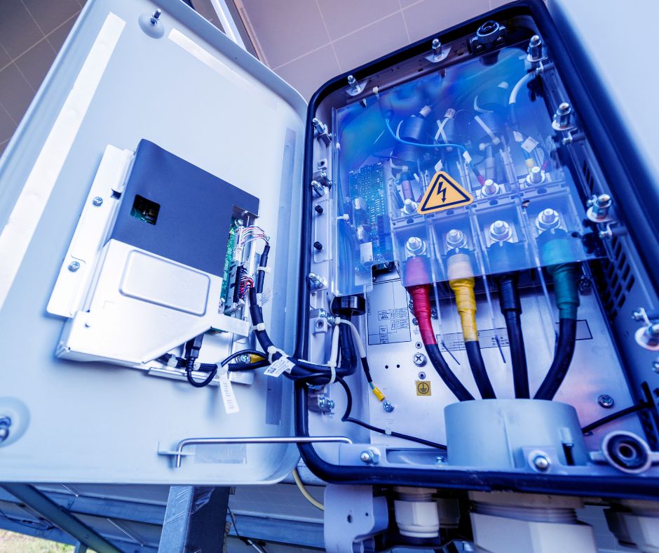 Industrial electrician wiring a 3-phase distribution board in a London factory